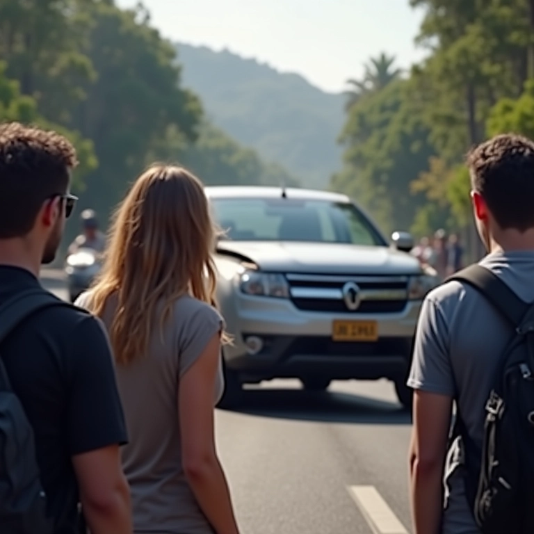 Pessoas presenciando um acidente de carro em rua movimentada.