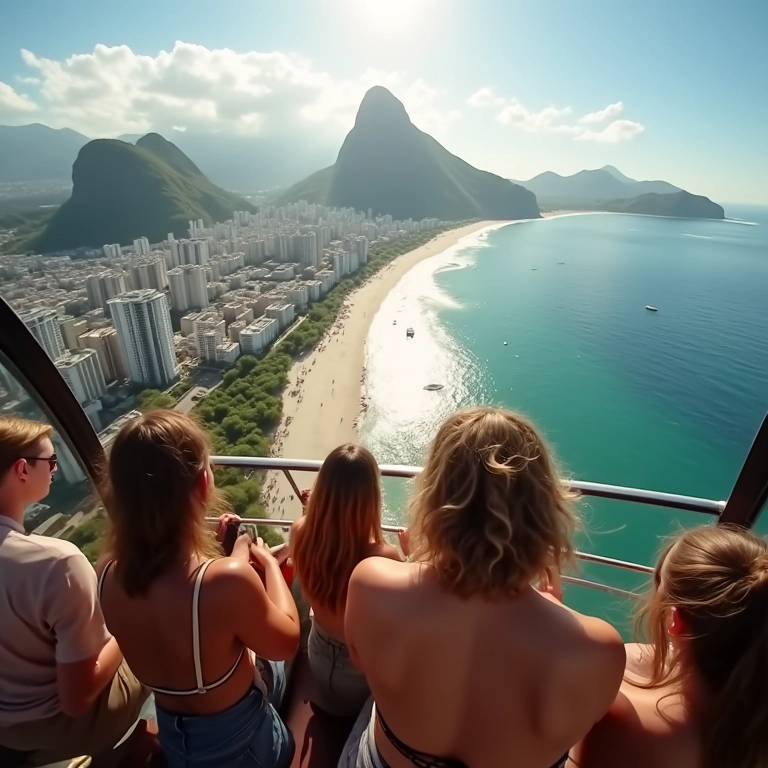 Pessoas voando de helicóptero sobre a praia de Ipanema.