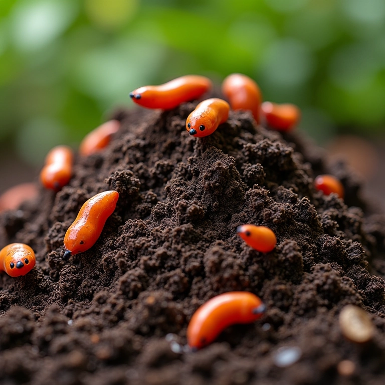 Pilha de composto orgânico com muitas larvas visíveis, simbolizando abundância e preocupação.