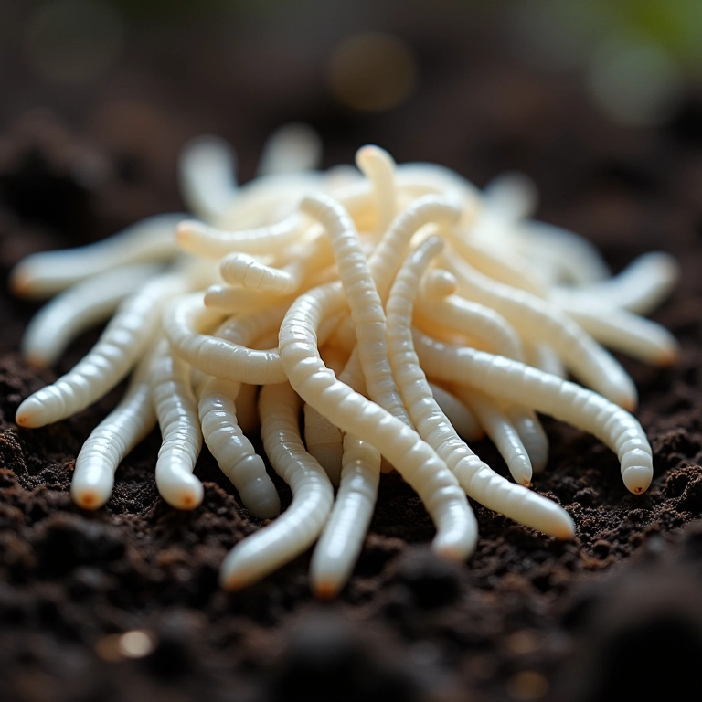 Pilha de muitos vermes brancos na terra, representando abundância e problemas.