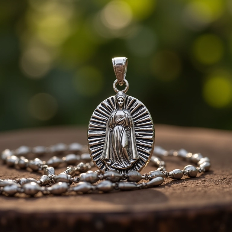 Pingente de Nossa Senhora de Aparecida sobre mesa rústica.