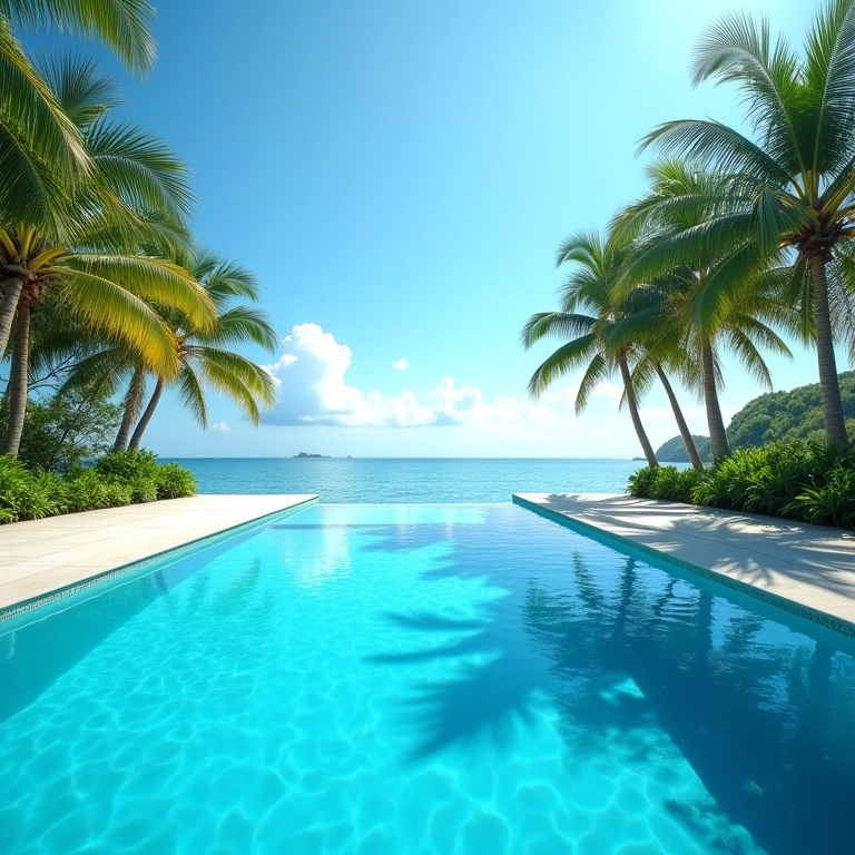 Piscina cheia refletindo céu claro, simbolizando abundância.