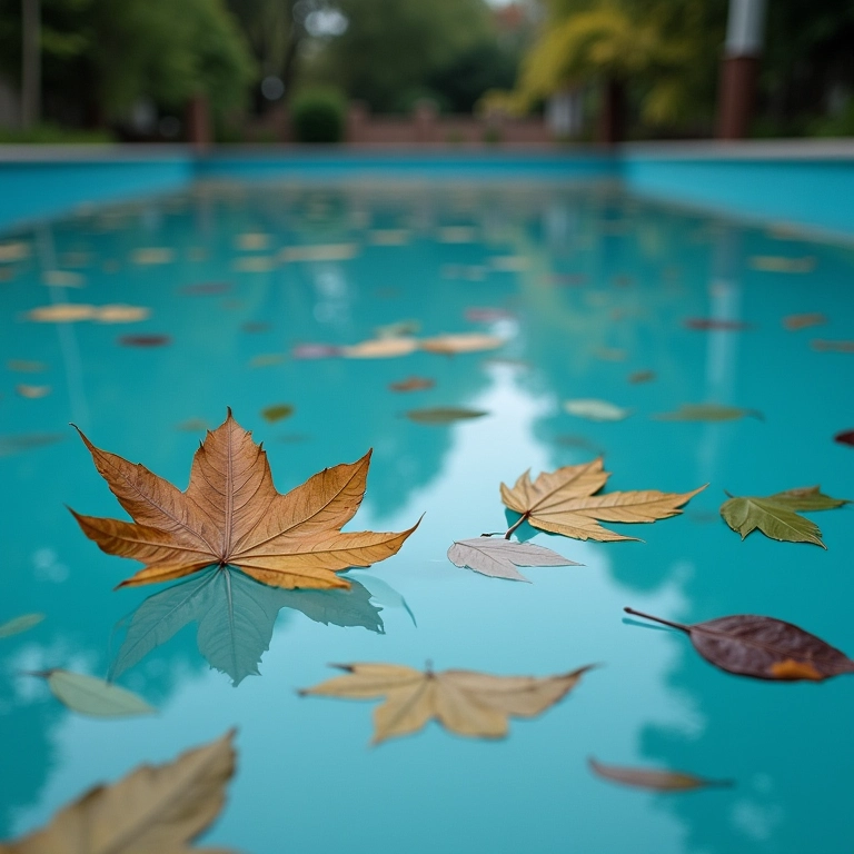 Piscina suja com folhas caídas, simbolizando emoções negativas.