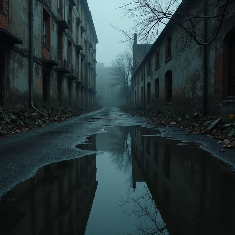 Poça de água parada e escura refletindo prédio dilapidado, simbolizando estagnação.