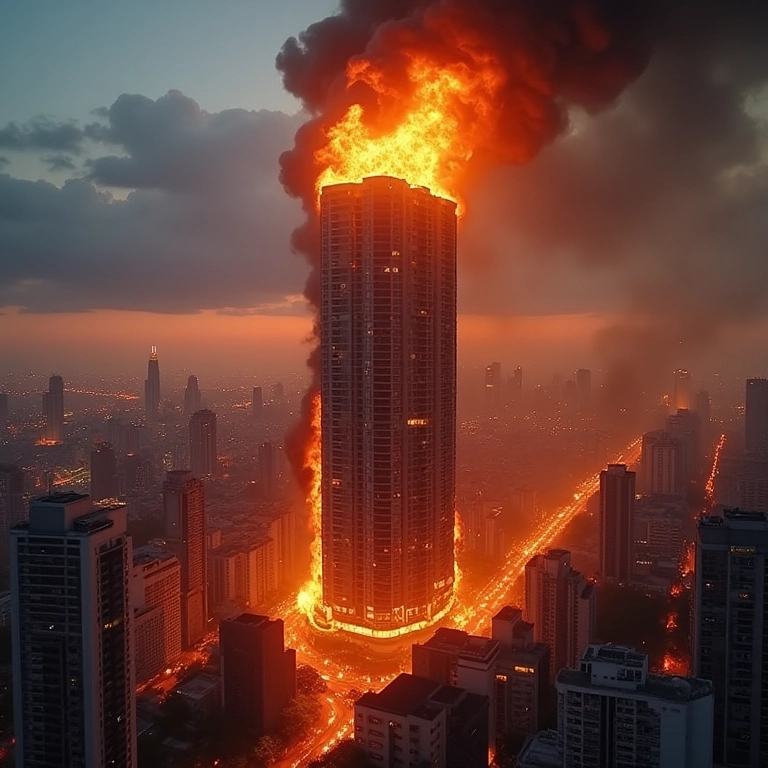 Prédio alto em chamas em uma cidade brasileira movimentada.