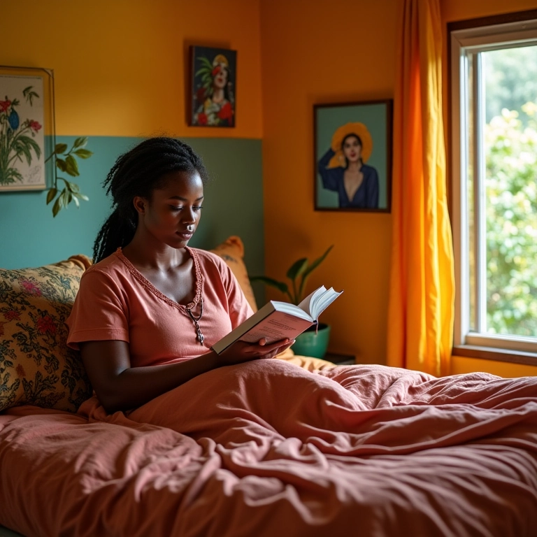 Quarto aconchegante com decoração brasileira vibrante e mulher lendo um livro.