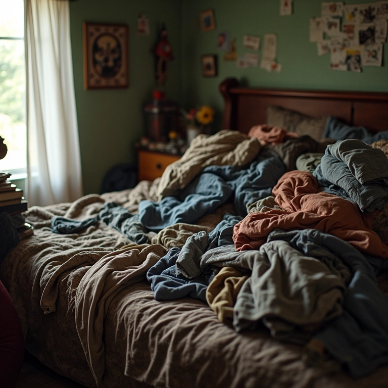 Quarto bagunçado com roupas amontoadas, sensação de sufocamento.
