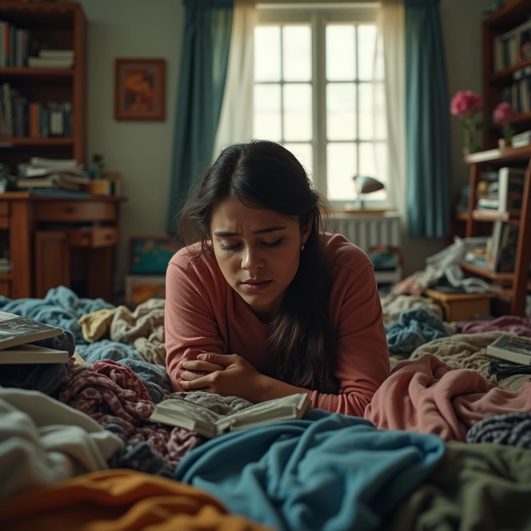 Quarto bagunçado com roupas espalhadas e livros empilhados, refletindo ansiedade.