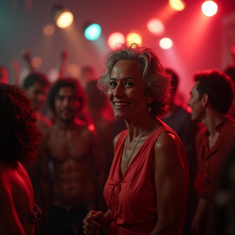 Quarto cheio de gente em festa com cores vibrantes e música alta.