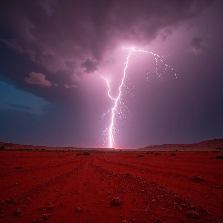 Raio caindo em paisagem avermelhada, simbolizando o poder de Xangô.