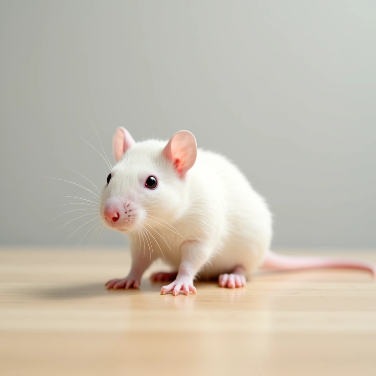 Rato branco em cima de uma mesa de madeira clara, simbolizando pureza ou ingenuidade.