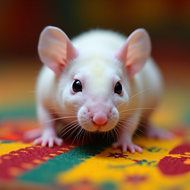 Rato branco pequeno e calmo sobre um tecido colorido com padrões brasileiros.