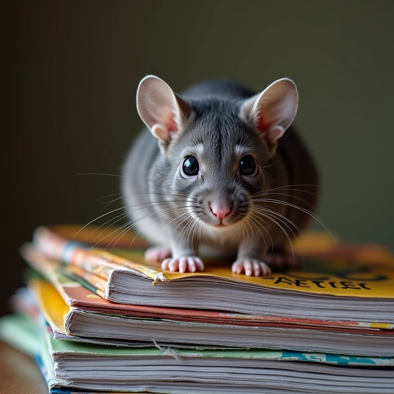 Rato cinza em cima de revistas coloridas brasileiras.