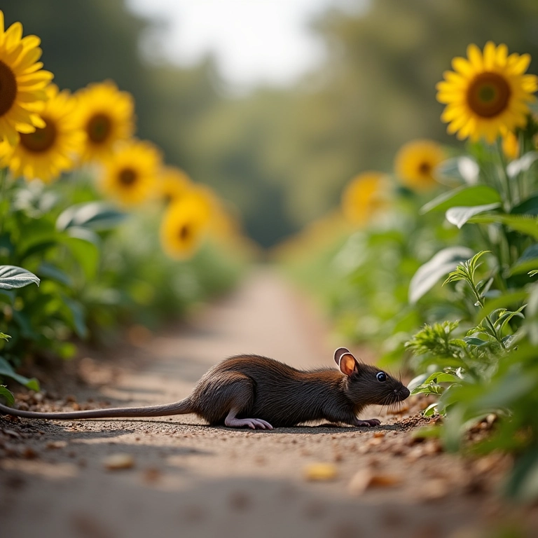 Rato morto em um jardim vibrante, representando superação de obstáculos.