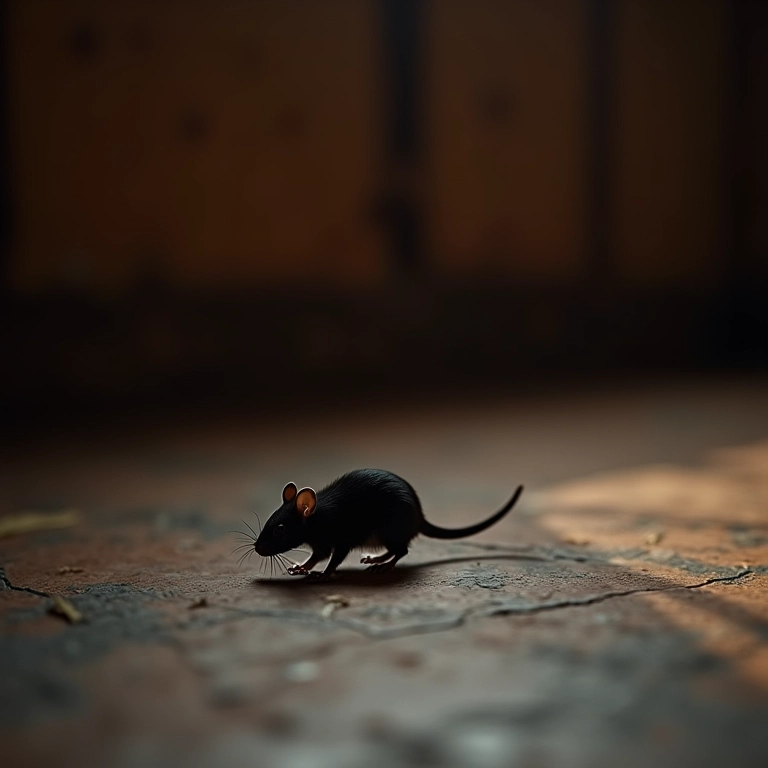 Rato preto correndo no chão de uma cozinha rústica brasileira.