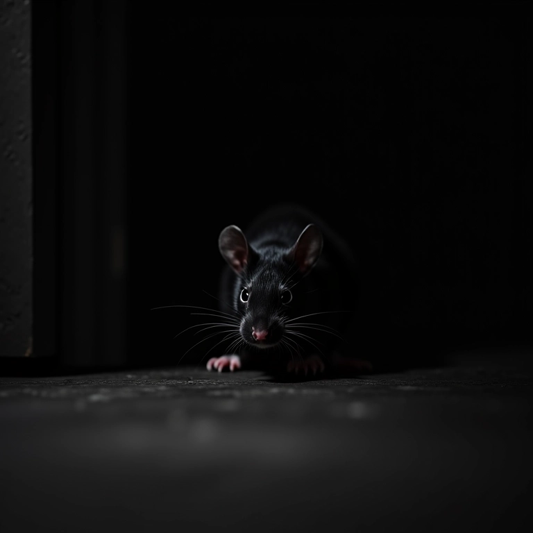 Rato preto escondido em um canto escuro, representando energias negativas.