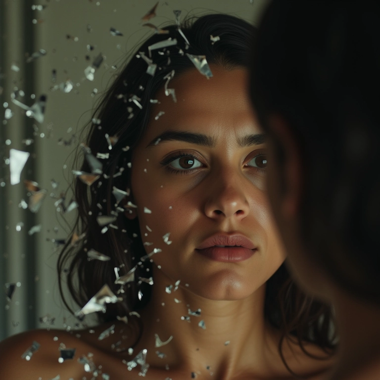 Reflexo fragmentado em espelho quebrado.