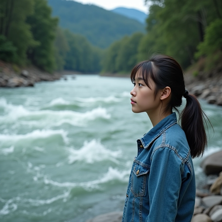 Rio agitado com mulher observando a correnteza.