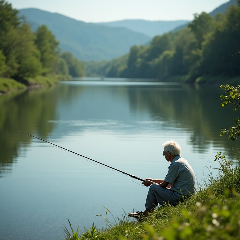 Rio calmo com senhora pescando tranquilamente.