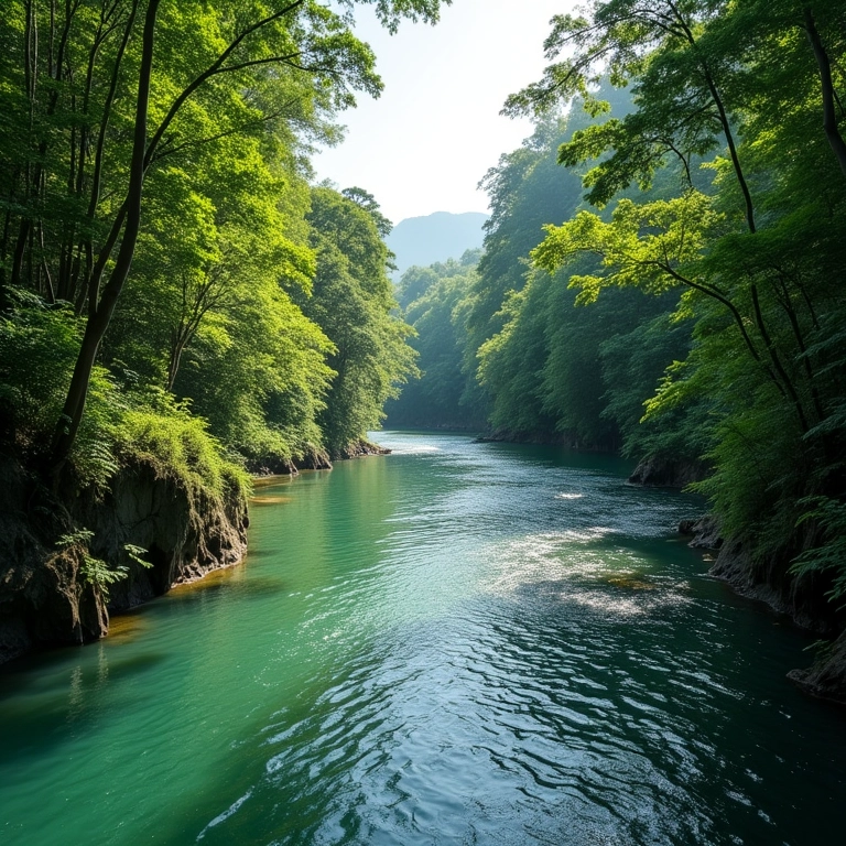 Rio de água cristalina correndo em meio à natureza exuberante.