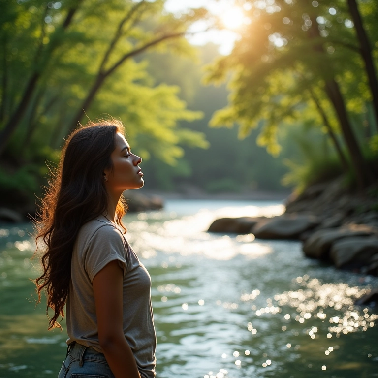 Rio de água limpa com mulher contemplando a correnteza.