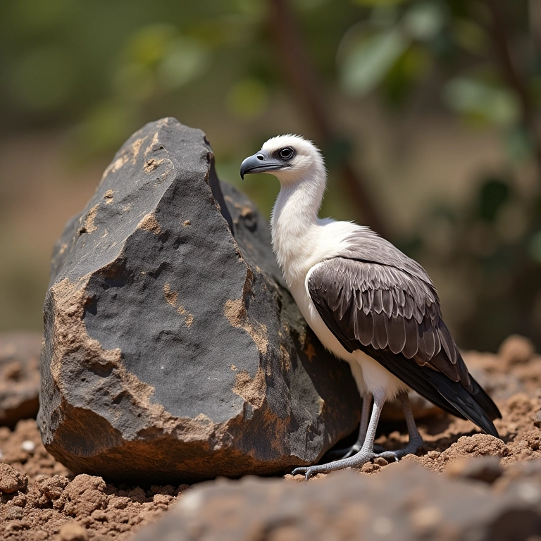 Rocha metamórfica e pena de urubu: símbolo de transformação.