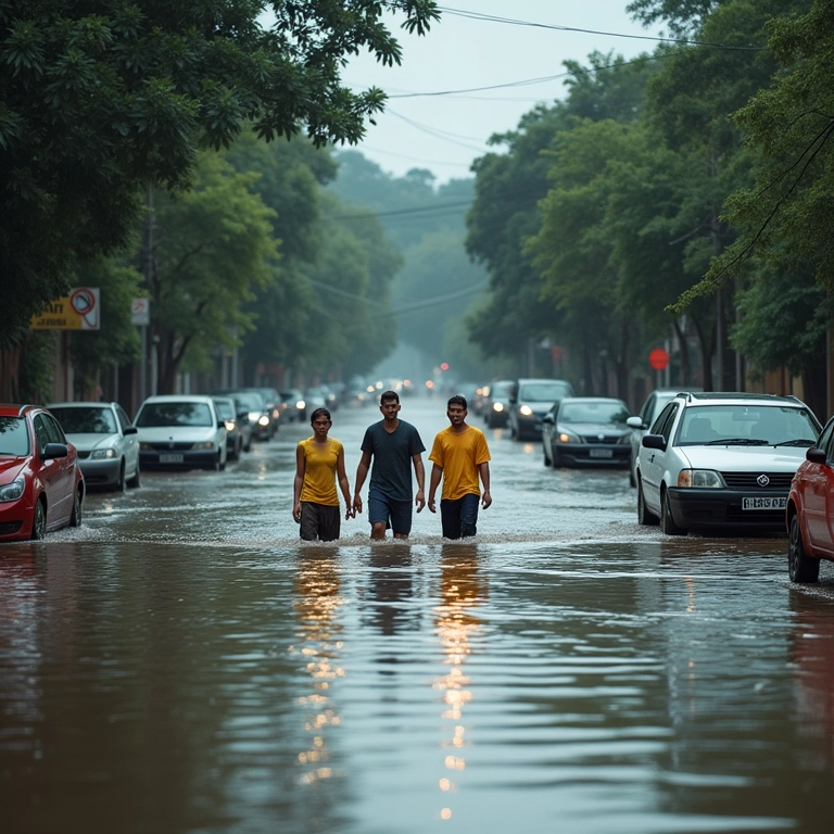 Rua alagada no Brasil após forte chuva, carros submersos, pessoas na água.