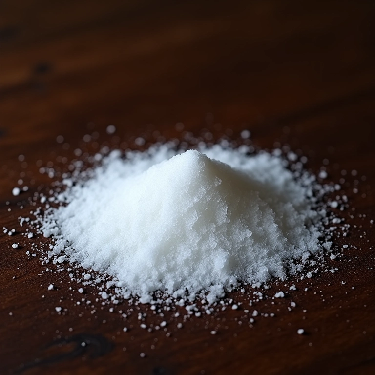 Sal derramado sobre mesa de madeira escura, simbolizando azar.