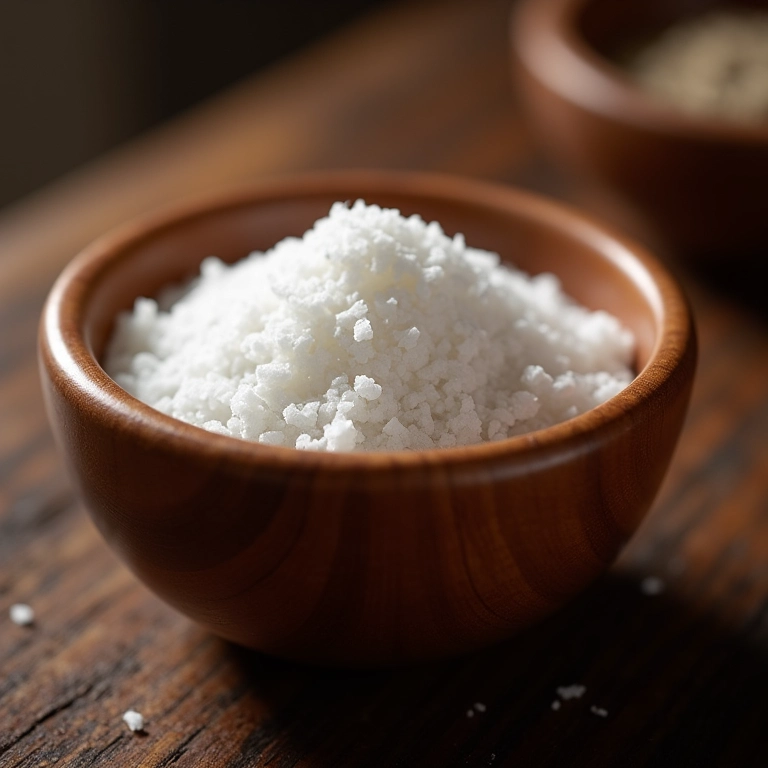 Sal grosso em tigela de madeira, em cozinha rústica.