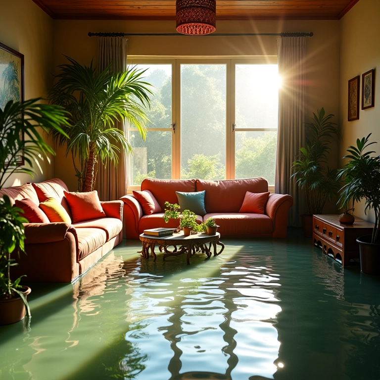 Sala de estar alagada com água limpa, móveis parcialmente submersos.