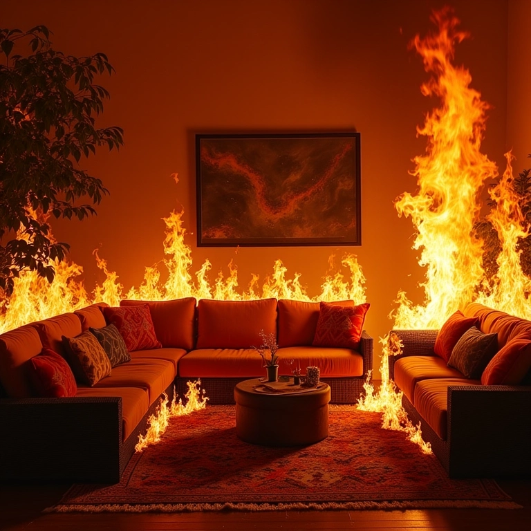 Sala de estar decorada em estilo brasileiro tomada pelas chamas.