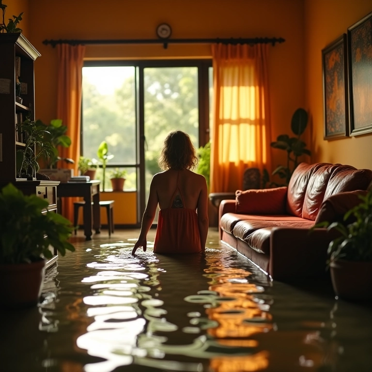 Sala de estar sendo invadida pela enchente, água subindo e molhando os móveis.