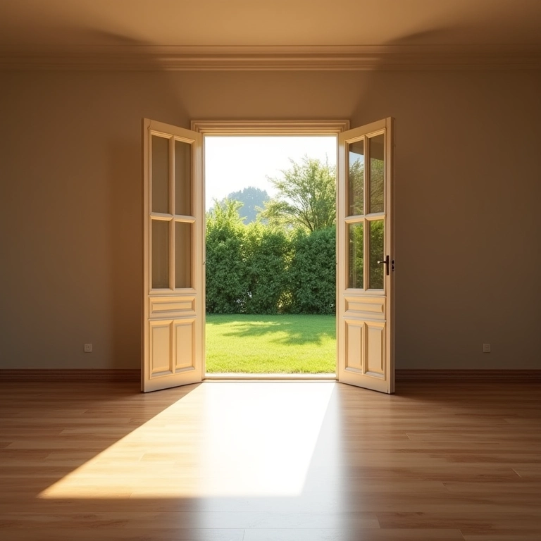Sala de estar vazia de uma casa maior, com jardim ao fundo.