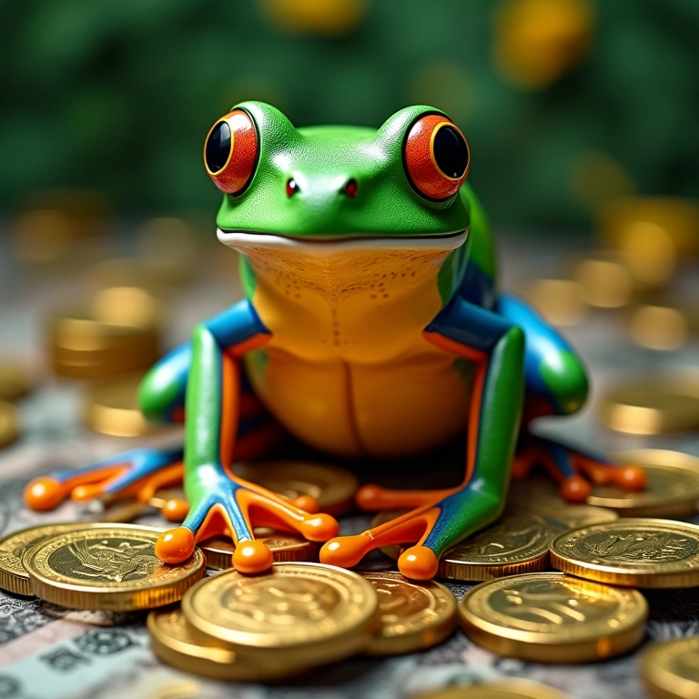 Sapo gigante cercado de moedas e dinheiro, representando abundância