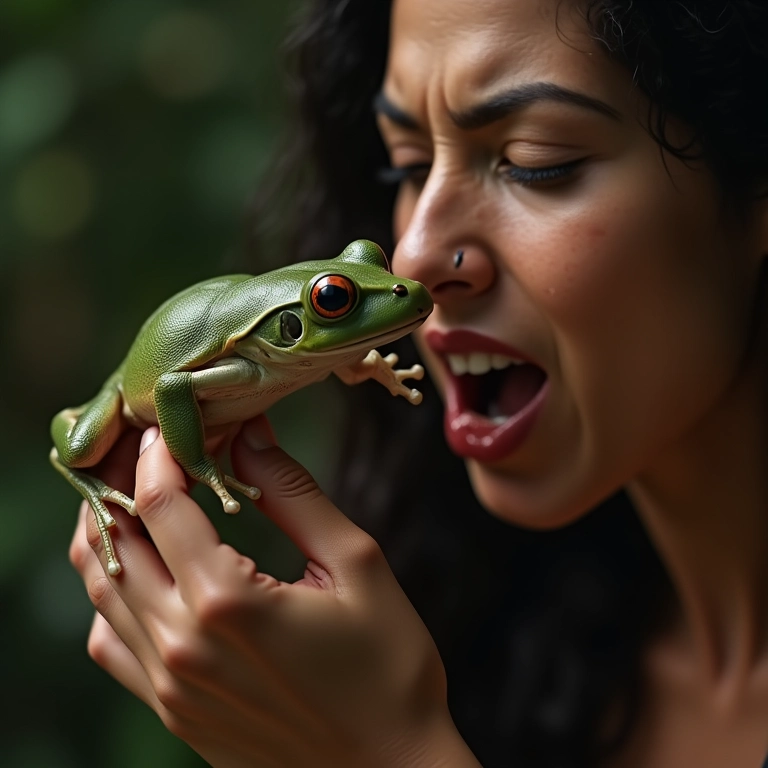 Sapo gigante mordendo a mão de uma mulher, simbolizando traição ou ferimentos emocionais.