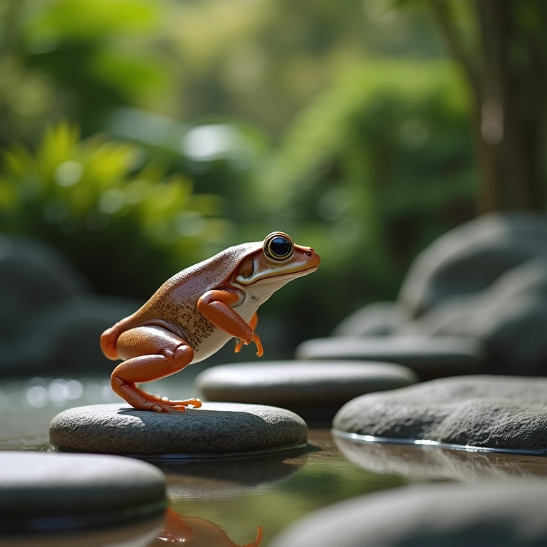 Sapo pulando sobre pedras, sinalizando mudanças