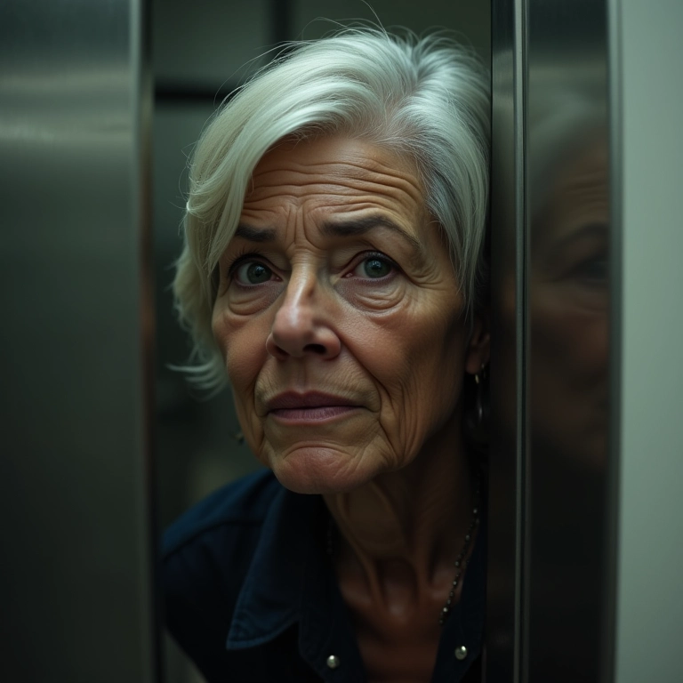 Senhora branca idosa saindo de um elevador acidentado, com expressão de determinação.