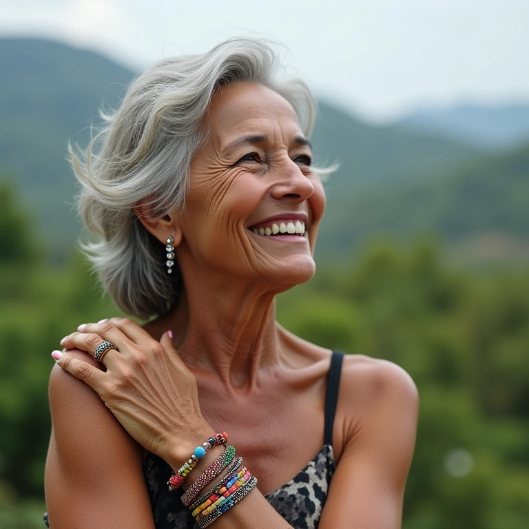 Senhora brasileira com pulseira colorida em frente a paisagem natural.