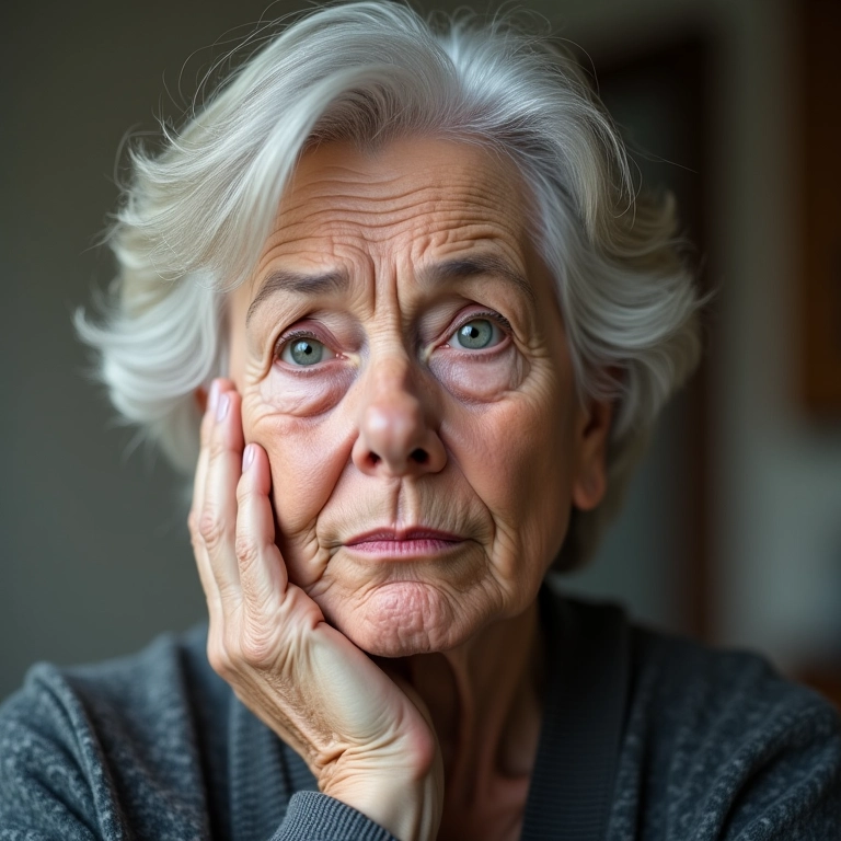 Senhora preocupada toca o rosto com expressão de dor, representando problemas de saúde.
