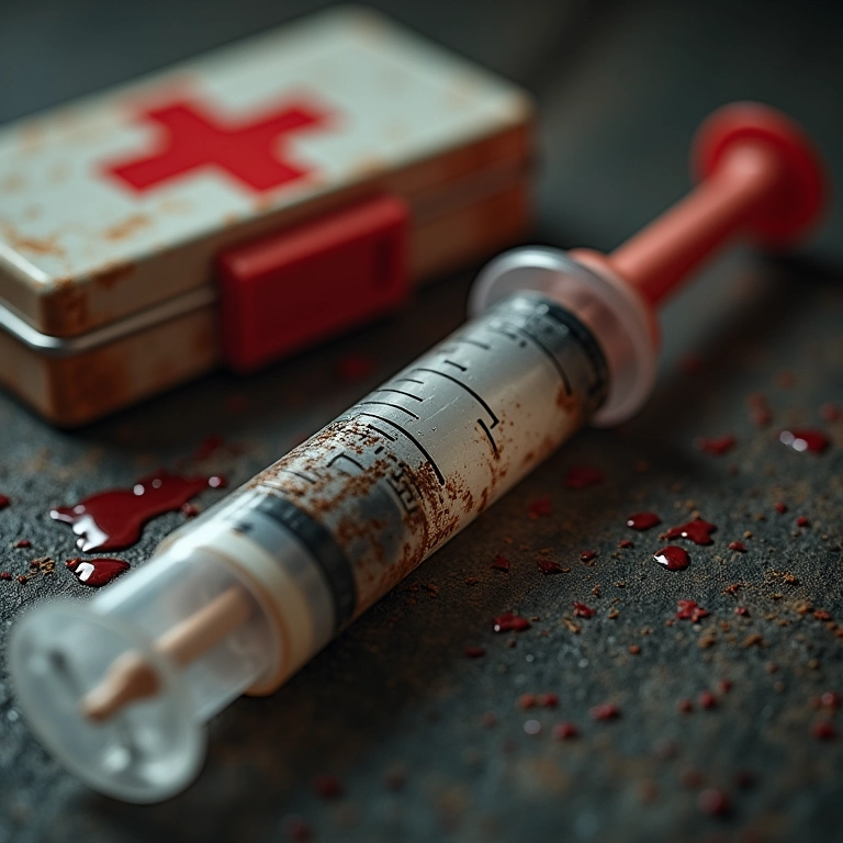 Seringa com agulha enferrujada e kit de primeiros socorros com manchas de sangue.
