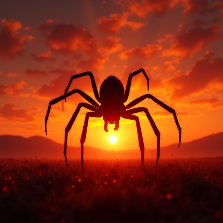 Silhueta de aranha gigante contra um pôr do sol dramático.