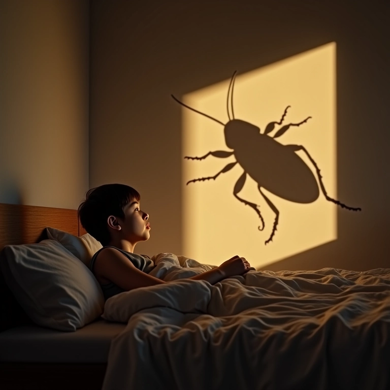 Silhueta de barata assustadora na parede de um quarto ao amanhecer.
