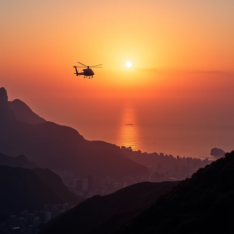 Silhueta de helicóptero com o Rio de Janeiro ao fundo, ao pôr do sol.