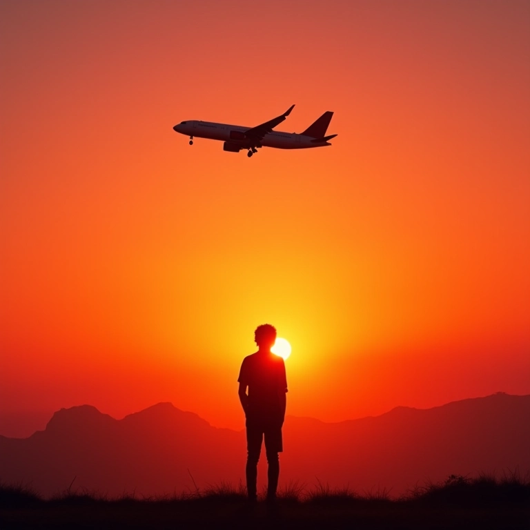 Silhueta de pessoa observando um avião decolando ao pôr do sol, simbolizando sonhos e jornadas.