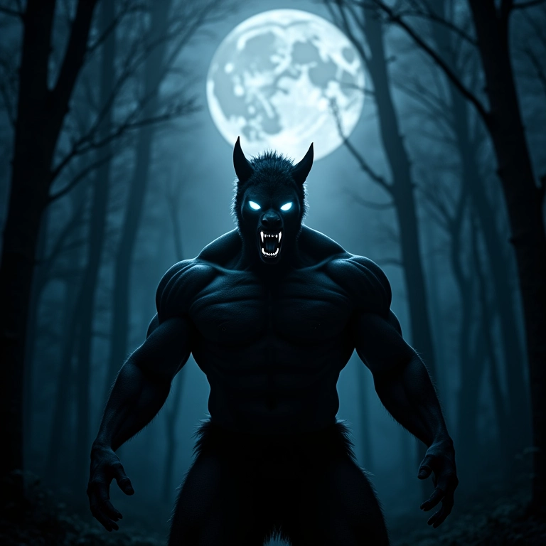 Silhueta de um lobisomem em transformação sob a luz do luar em uma floresta escura.