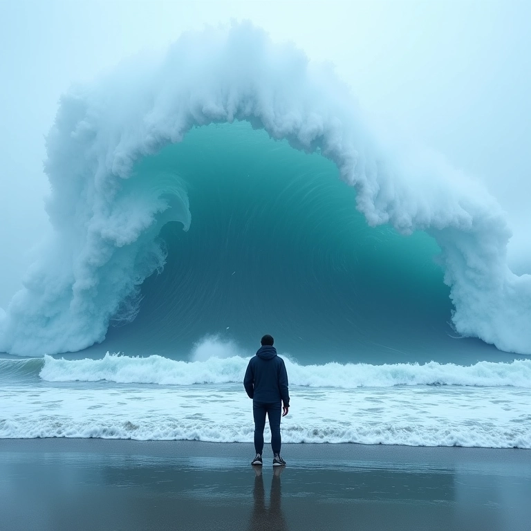 Silhueta na praia vendo tsunami se aproximando.