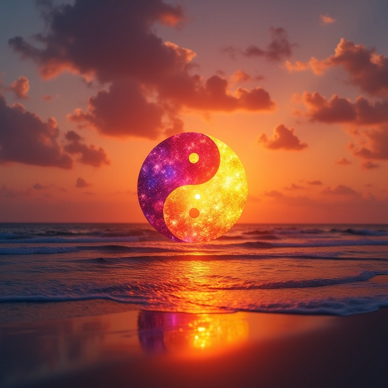 Símbolo Yin Yang em um pôr do sol de praia no Brasil.