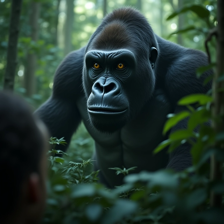 Sonho de ataque de King Kong na floresta, representando medo e vulnerabilidade.