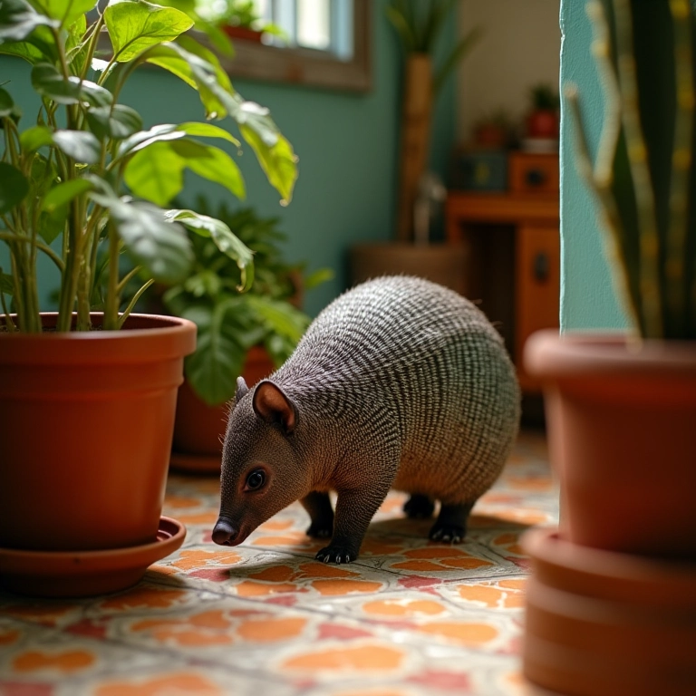 Tatu dentro de uma casa brasileira com decoração Farm Rio.