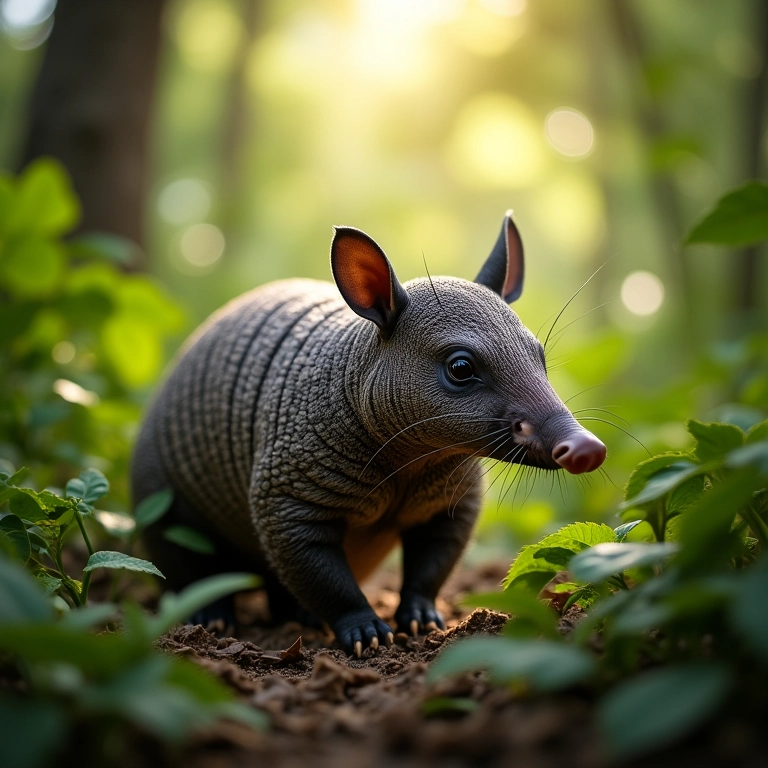 Tatu em seu habitat natural, floresta brasileira exuberante.